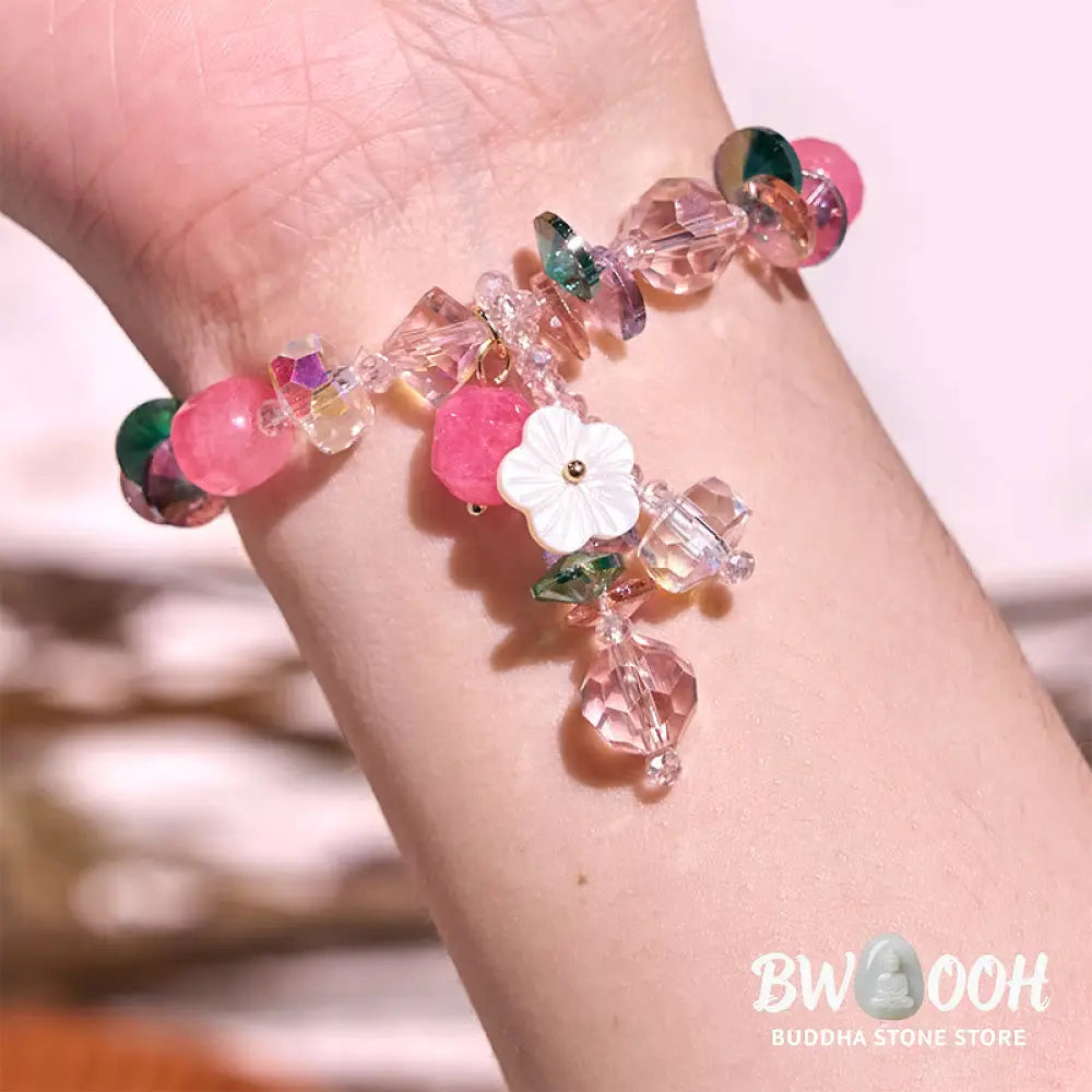Buddha Stones Pink Crystal Green Crystal White Crystal Flower Warmth Bracelet - BWOOOH - Pink Green White Crystal(Wrist