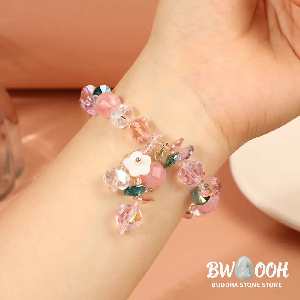 Buddha Stones Pink Crystal Green Crystal White Crystal Flower Warmth Bracelet - BWOOOH - Pink Green White Crystal(Wrist
