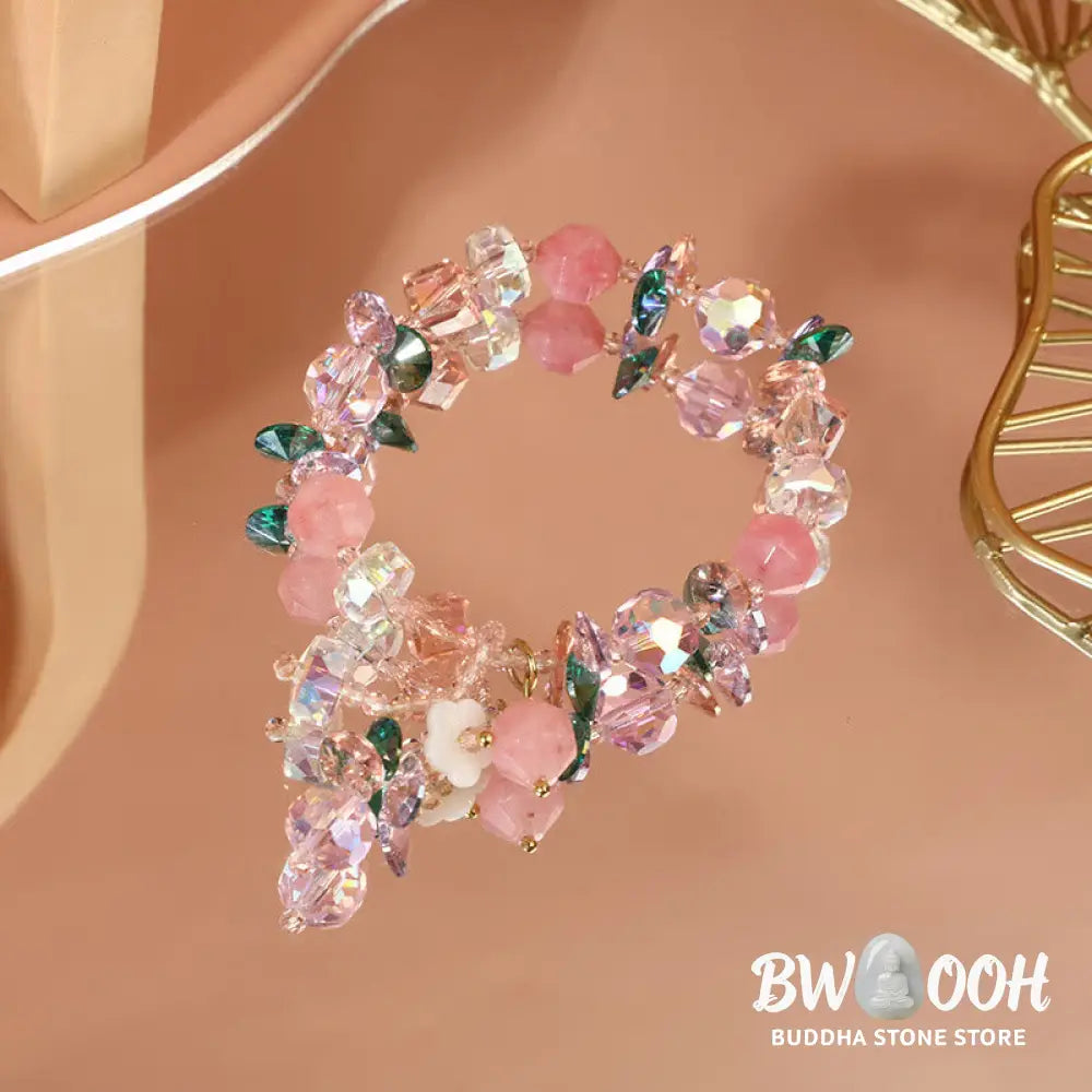 Buddha Stones Pink Crystal Green Crystal White Crystal Flower Warmth Bracelet - BWOOOH - Pink Green White Crystal(Wrist