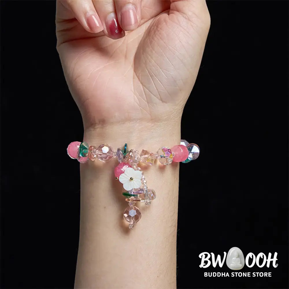 Buddha Stones Pink Crystal Green Crystal White Crystal Flower Warmth Bracelet - BWOOOH - Pink Green White Crystal(Wrist
