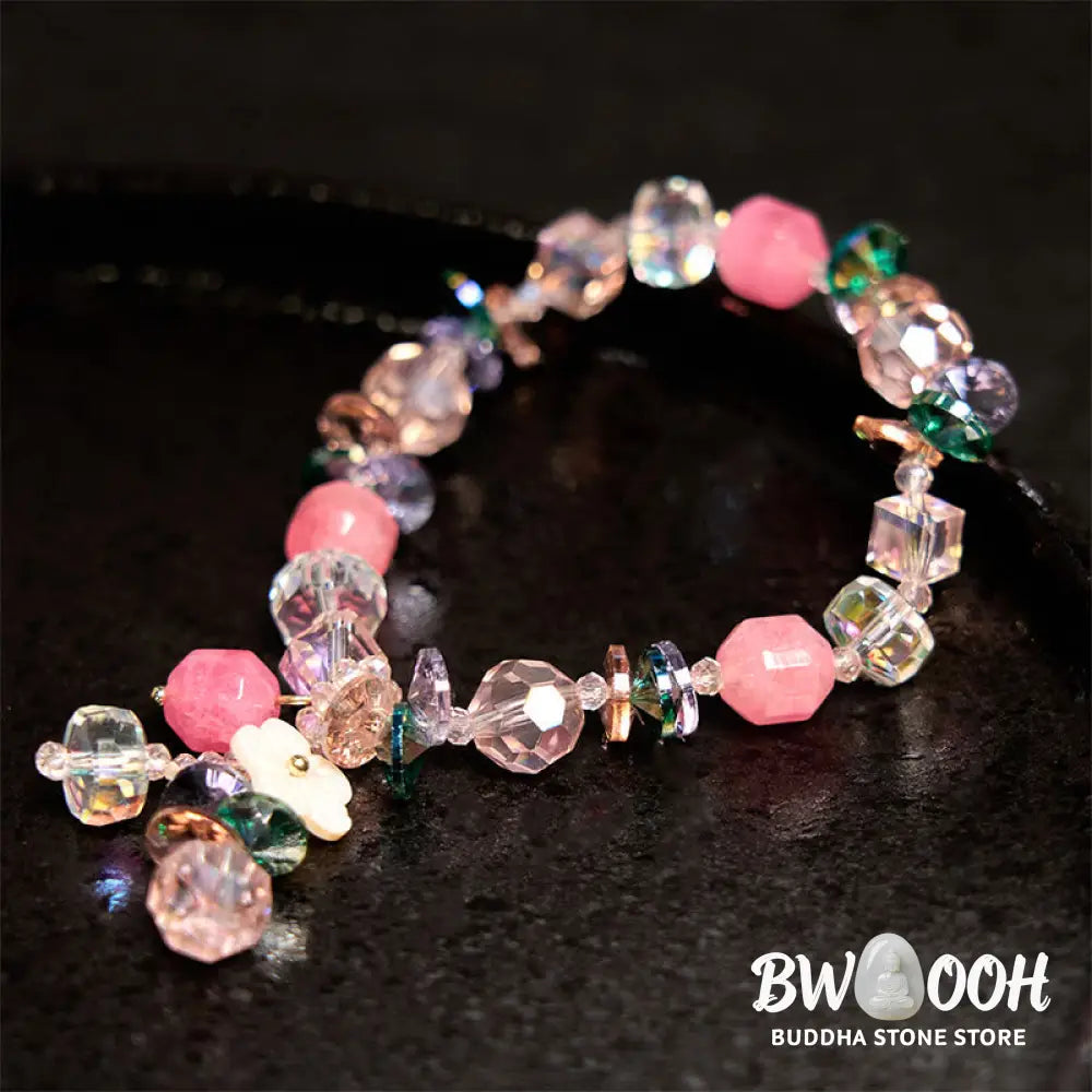 Buddha Stones Pink Crystal Green Crystal White Crystal Flower Warmth Bracelet - BWOOOH - Pink Green White Crystal(Wrist