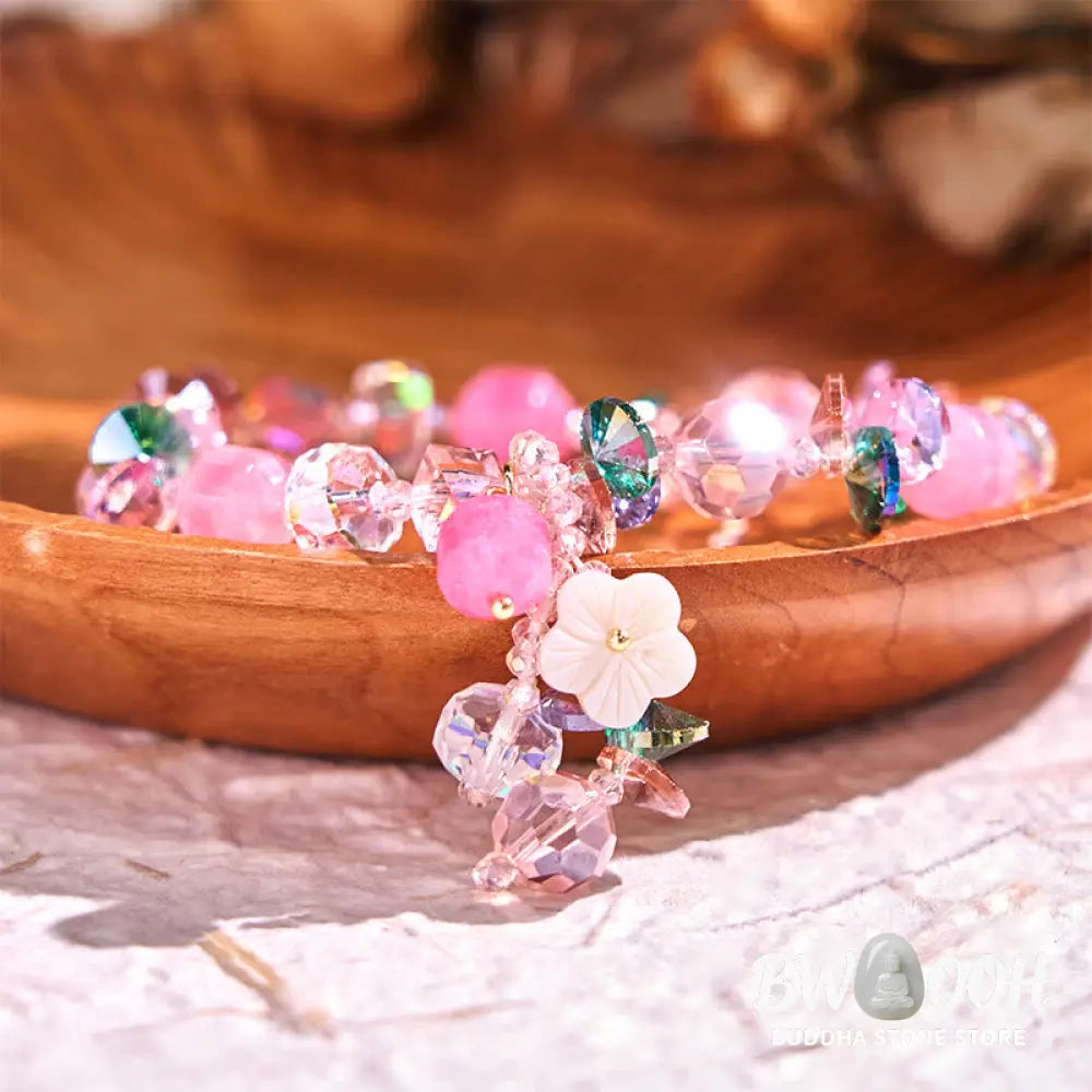 Buddha Stones Pink Crystal Green Crystal White Crystal Flower Warmth Bracelet - BWOOOH - Pink Green White Crystal(Wrist