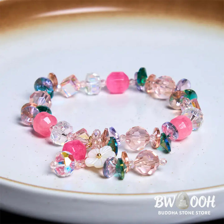 Buddha Stones Pink Crystal Green Crystal White Crystal Flower Warmth Bracelet - BWOOOH - Pink Green White Crystal(Wrist