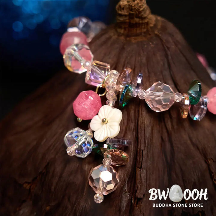 Buddha Stones Pink Crystal Green Crystal White Crystal Flower Warmth Bracelet - BWOOOH - Pink Green White Crystal(Wrist