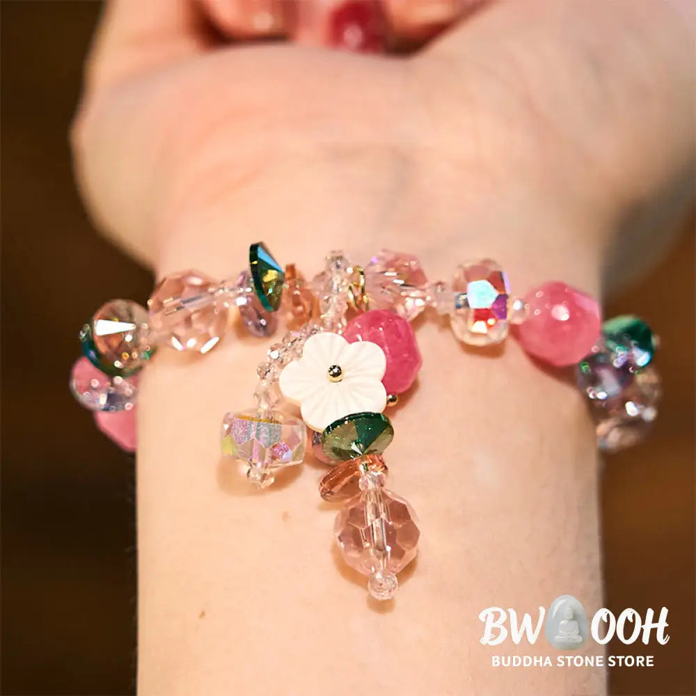 Buddha Stones Pink Crystal Green Crystal White Crystal Flower Warmth Bracelet - BWOOOH - Pink Green White Crystal(Wrist