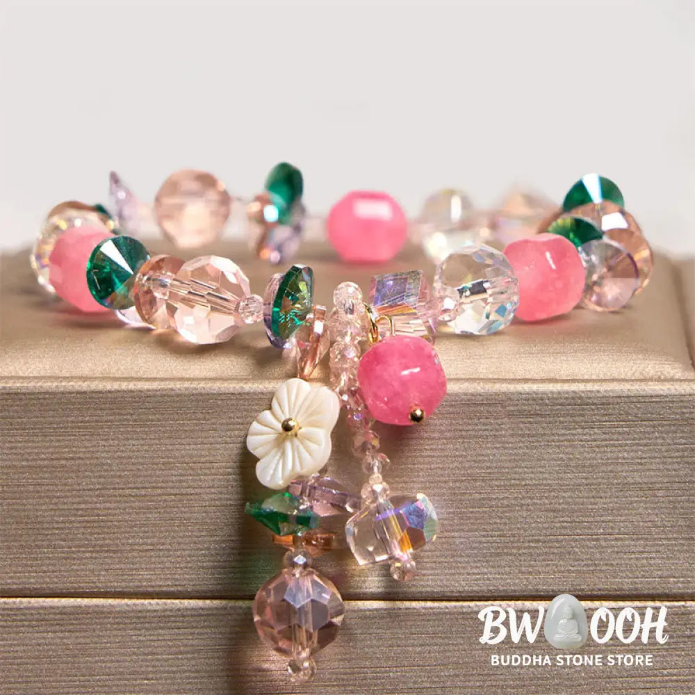 Buddha Stones Pink Crystal Green Crystal White Crystal Flower Warmth Bracelet - BWOOOH - Pink Green White Crystal(Wrist