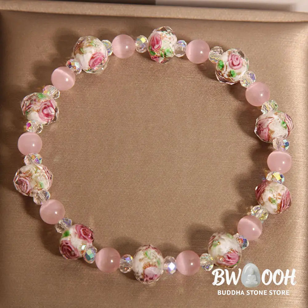 Buddha Stones Pink Crystal Liuli Glass Bead Cat’s Eye Warmth Bracelet - BWOOOH - Pink Crystal Cat’s Eye(Wrist
