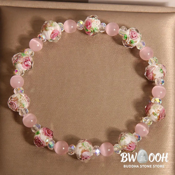 Buddha Stones Pink Crystal Liuli Glass Bead Cat’s Eye Warmth Bracelet - BWOOOH - Pink Crystal Cat’s Eye(Wrist
