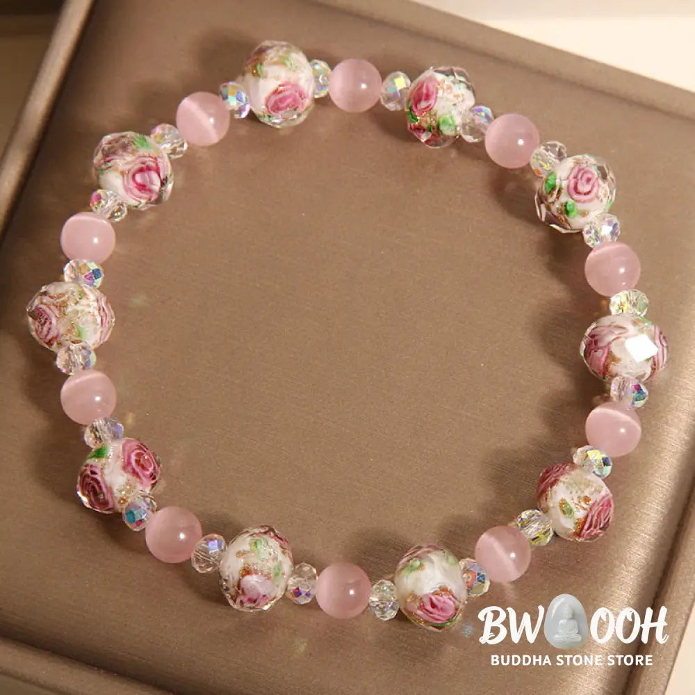 Buddha Stones Pink Crystal Liuli Glass Bead Cat’s Eye Warmth Bracelet - BWOOOH - Pink Crystal Cat’s Eye(Wrist