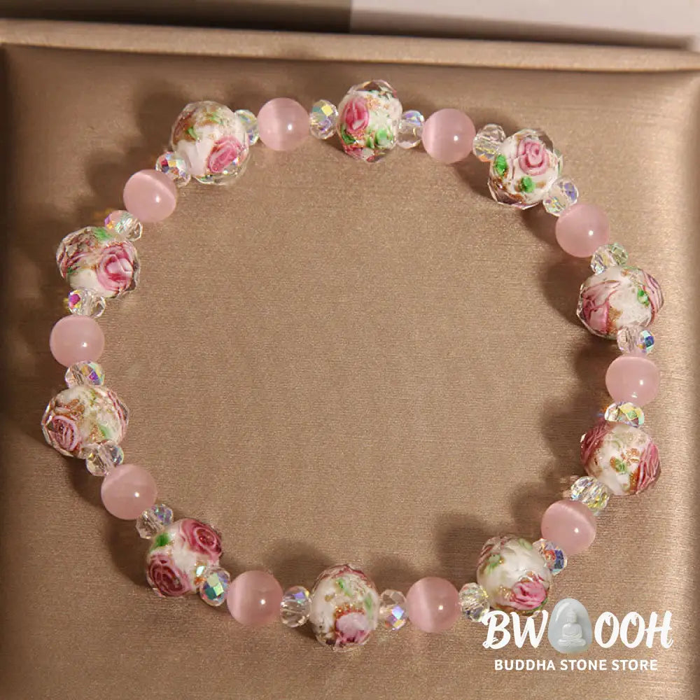 Buddha Stones Pink Crystal Liuli Glass Bead Cat’s Eye Warmth Bracelet - BWOOOH - Pink Crystal Cat’s Eye(Wrist