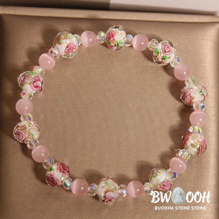 Buddha Stones Pink Crystal Liuli Glass Bead Cat’s Eye Warmth Bracelet - BWOOOH - Pink Crystal Cat’s Eye(Wrist