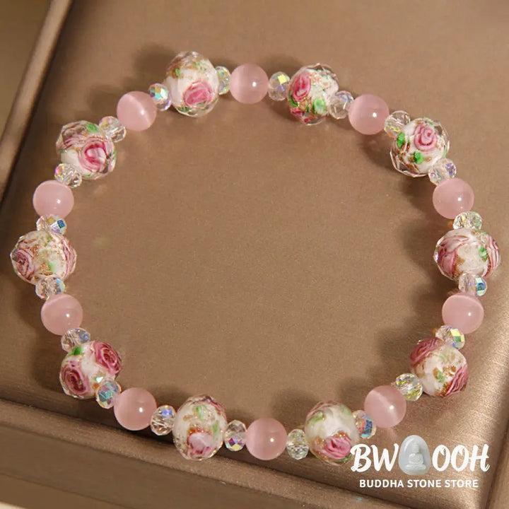 Buddha Stones Pink Crystal Liuli Glass Bead Cat’s Eye Warmth Bracelet - BWOOOH - Pink Crystal Cat’s Eye(Wrist