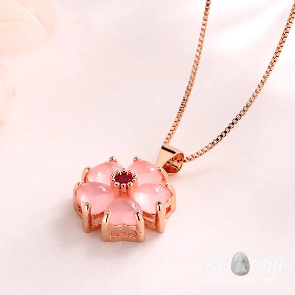 Close-up of a BWOOOH Pink Crystal Love Heart Flower pendant on a copper setting, attached to a delicate 45cm chain, showcasing its soothing warmth and self-love energy. Handcrafted 16x15mm charm. - View 4