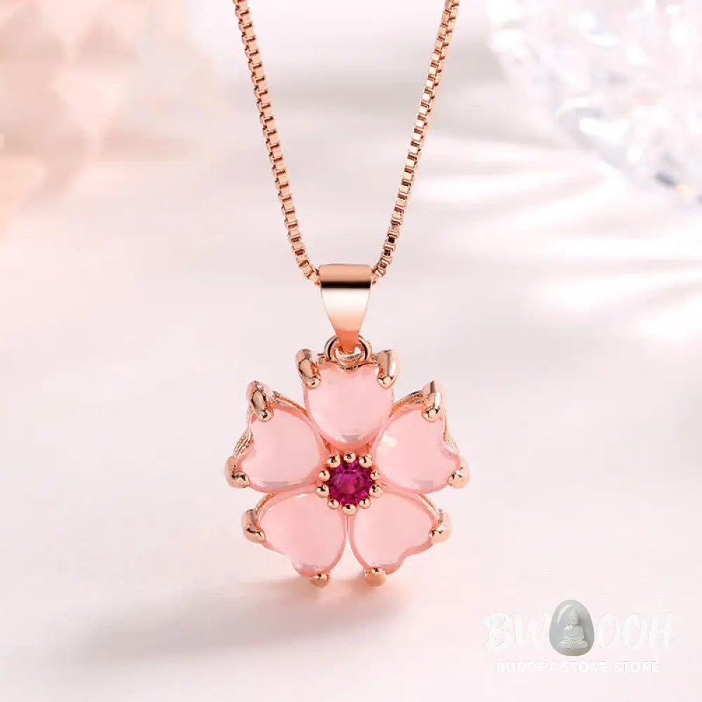 Close-up of a BWOOOH Pink Crystal Love Heart Flower pendant on a copper setting, attached to a delicate 45cm chain, showcasing its soothing warmth and self-love energy. Handcrafted 16x15mm charm. - View 2