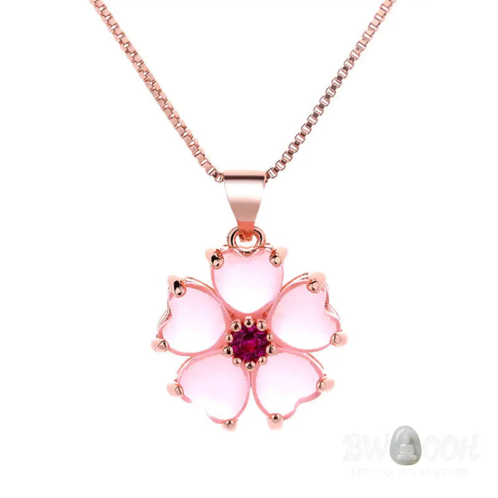 Close-up of a BWOOOH Pink Crystal Love Heart Flower pendant on a copper setting, attached to a delicate 45cm chain, showcasing its soothing warmth and self-love energy. Handcrafted 16x15mm charm. - View 5