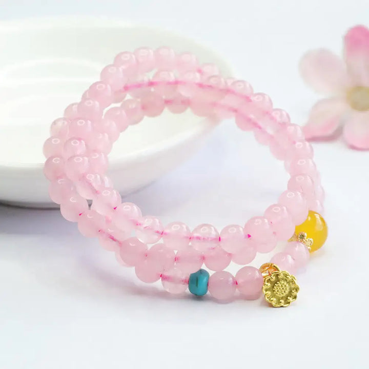 BWOOOH Pink Crystal Multi-Circle Yellow Chalcedony Lotus Warmth Bracelet — Pink Crystal crystal healing bracelet for spiri...