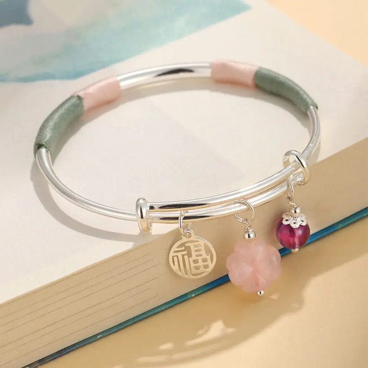 Buddha Stones Pink Crystal Peace Buckle Lucky Flower Love Bracelet Bangle - BWOOOH - Pink Crystal Flower(Inner