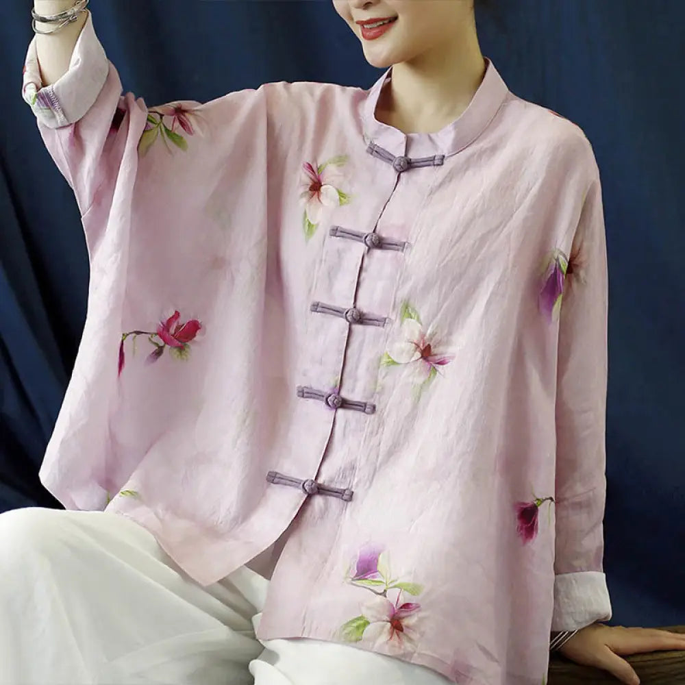 BWOOOH Pink Flower Print Frog-button Design Batwing Long 