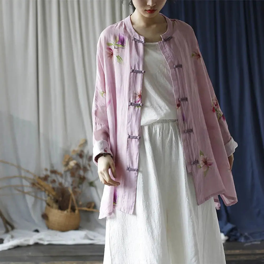 Buddha Stones Pink Flower Print Frog-button Design Batwing Long Sleeve Ramie Linen Jacket Shirt - Pink Flower Long