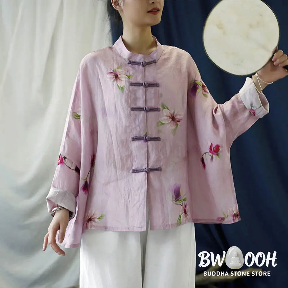 Buddha Stones Pink Flower Print Frog-button Design Batwing Long Sleeve Ramie Linen Jacket Shirt - Women’s Shirts