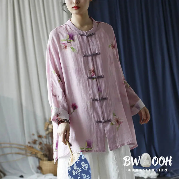 Buddha Stones Pink Flower Print Frog-button Design Batwing Long Sleeve Ramie Linen Jacket Shirt - Women’s Shirts