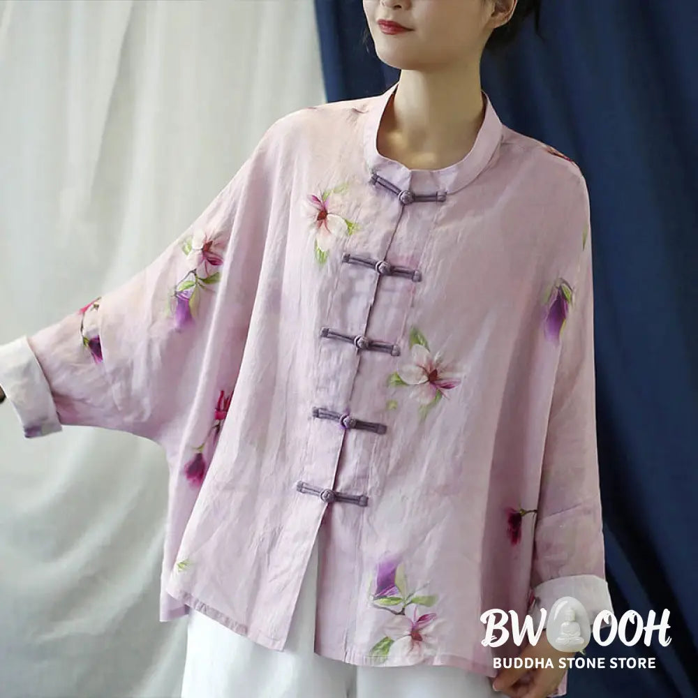 Buddha Stones Pink Flower Print Frog-button Design Batwing Long Sleeve Ramie Linen Jacket Shirt - Women’s Shirts