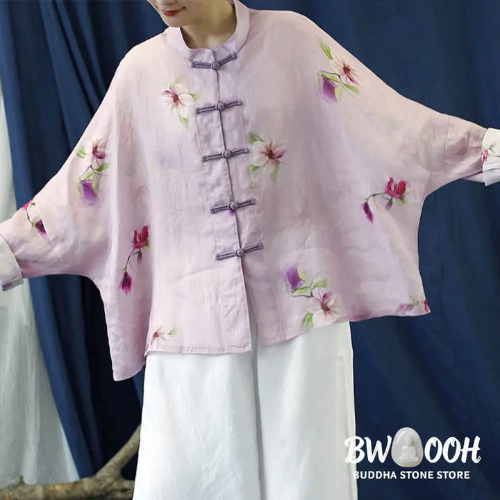 Buddha Stones Pink Flower Print Frog-button Design Batwing Long Sleeve Ramie Linen Jacket Shirt - Women’s Shirts