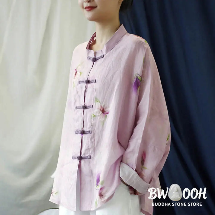 Buddha Stones Pink Flower Print Frog-button Design Batwing Long Sleeve Ramie Linen Jacket Shirt - Women’s Shirts