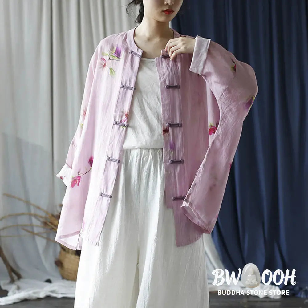 Buddha Stones Pink Flower Print Frog-button Design Batwing Long Sleeve Ramie Linen Jacket Shirt - Women’s Shirts