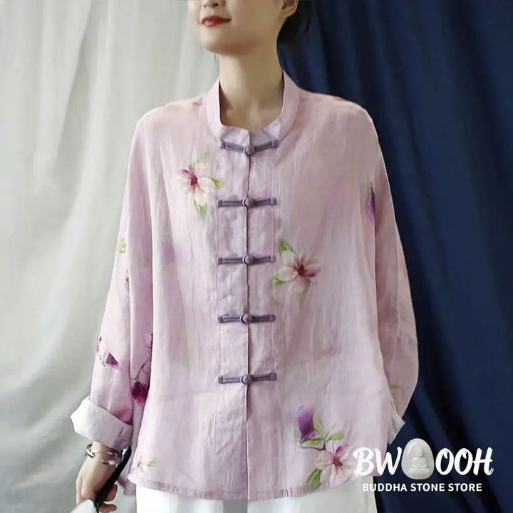 Buddha Stones Pink Flower Print Frog-button Design Batwing Long Sleeve Ramie Linen Jacket Shirt - Women’s Shirts