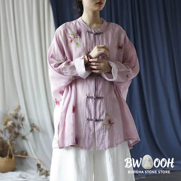 Buddha Stones Pink Flower Print Frog-button Design Batwing Long Sleeve Ramie Linen Jacket Shirt - Women’s Shirts