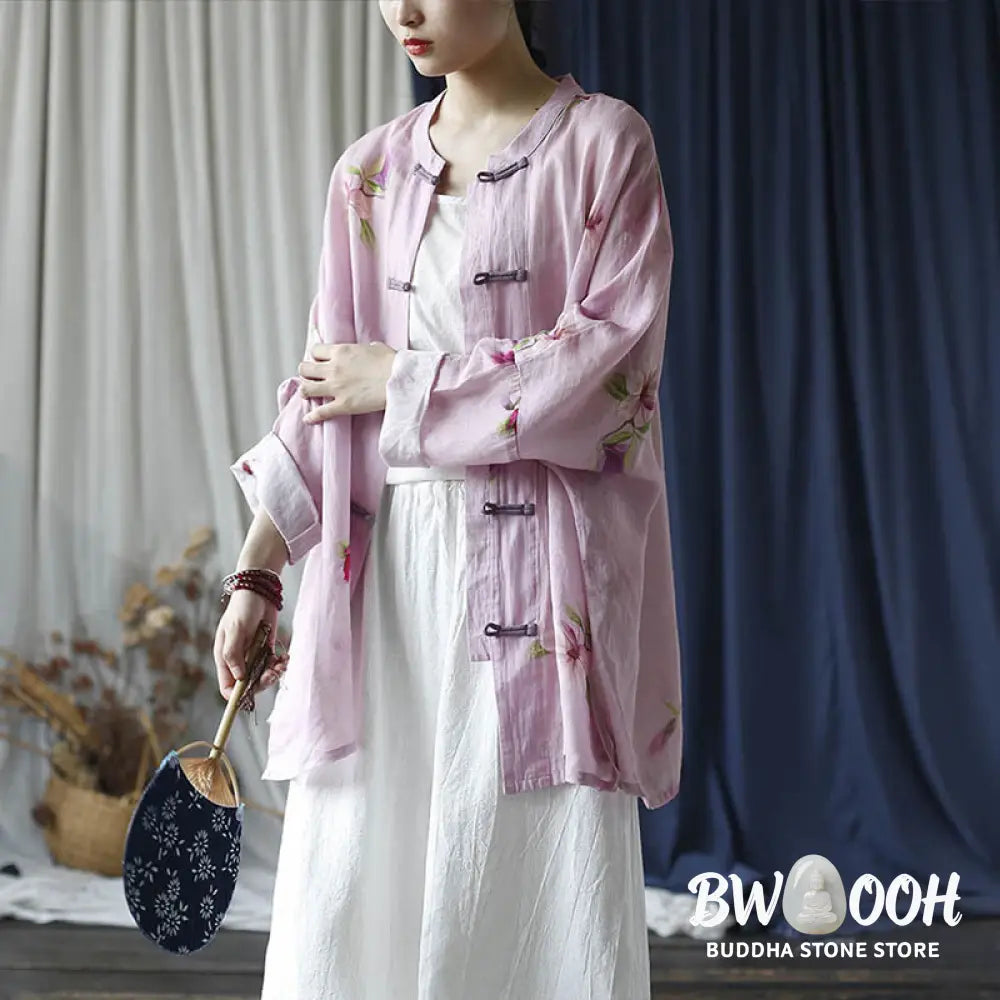 Buddha Stones Pink Flower Print Frog-button Design Batwing Long Sleeve Ramie Linen Jacket Shirt - Women’s Shirts