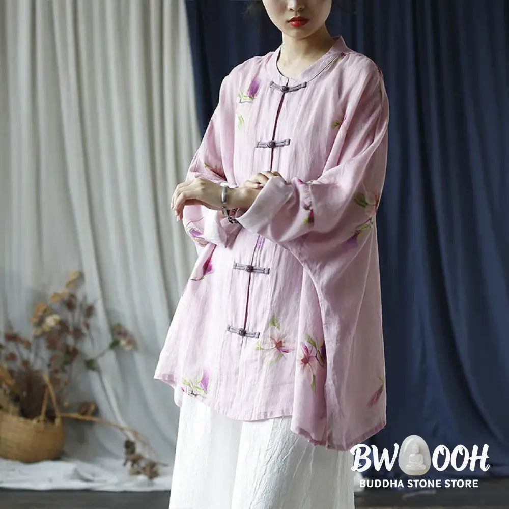Buddha Stones Pink Flower Print Frog-button Design Batwing Long Sleeve Ramie Linen Jacket Shirt - Women’s Shirts