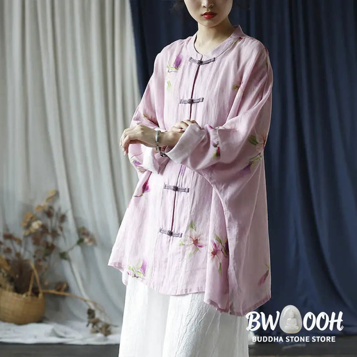 Buddha Stones Pink Flower Print Frog-button Design Batwing Long Sleeve Ramie Linen Jacket Shirt - Women’s Shirts
