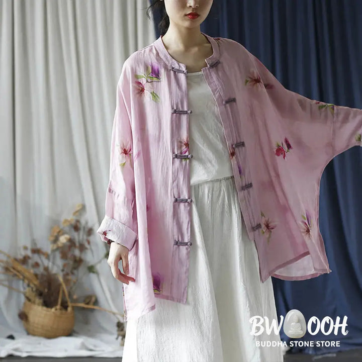 Buddha Stones Pink Flower Print Frog-button Design Batwing Long Sleeve Ramie Linen Jacket Shirt - Women’s Shirts