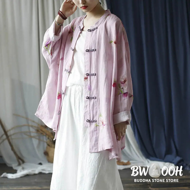 Buddha Stones Pink Flower Print Frog-button Design Batwing Long Sleeve Ramie Linen Jacket Shirt - Women’s Shirts