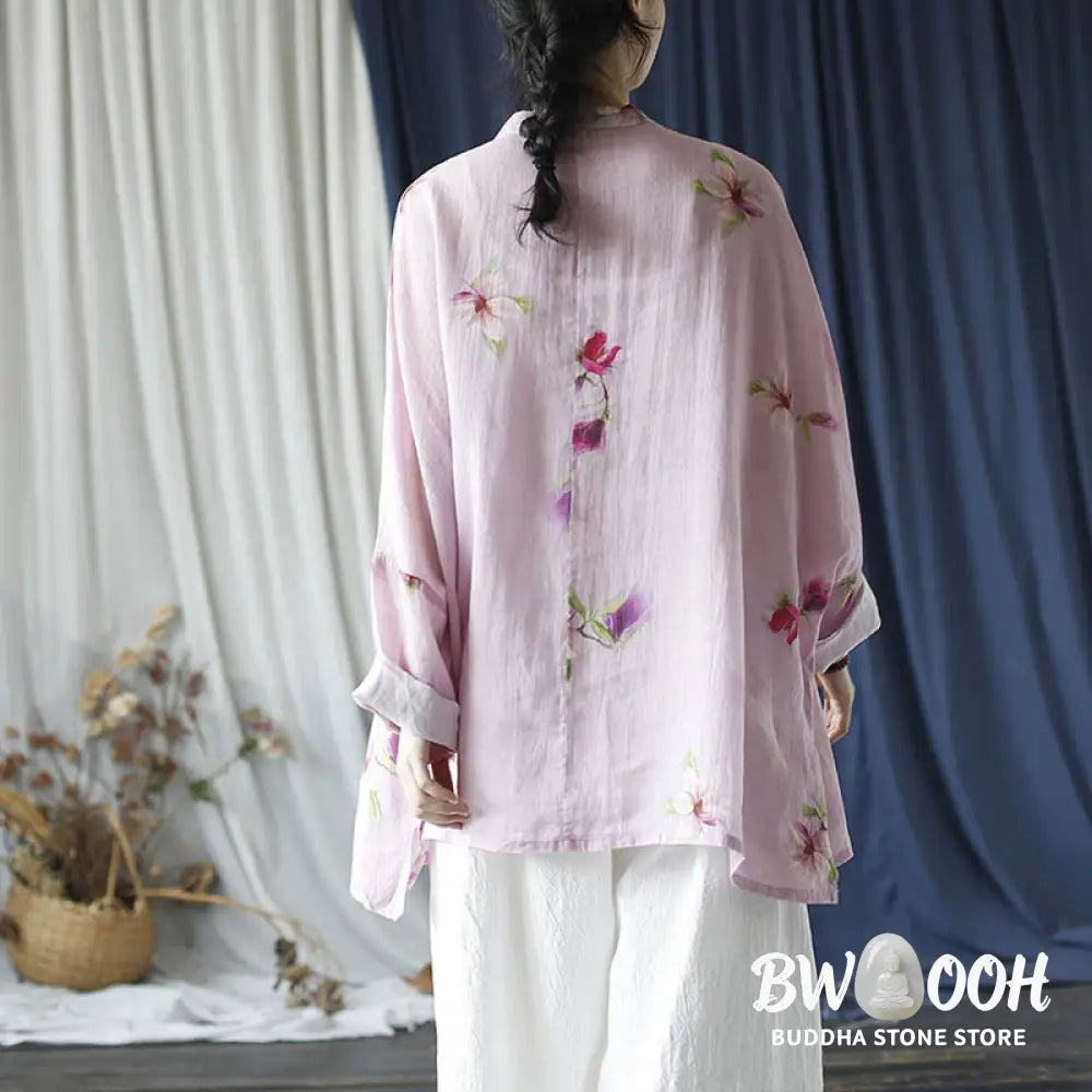 Buddha Stones Pink Flower Print Frog-button Design Batwing Long Sleeve Ramie Linen Jacket Shirt - Women’s Shirts