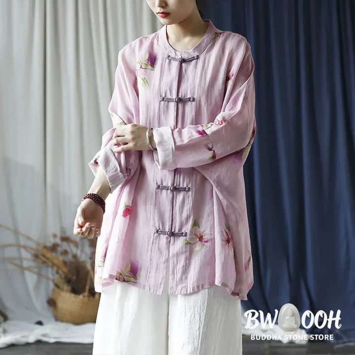 Buddha Stones Pink Flower Print Frog-button Design Batwing Long Sleeve Ramie Linen Jacket Shirt - Women’s Shirts