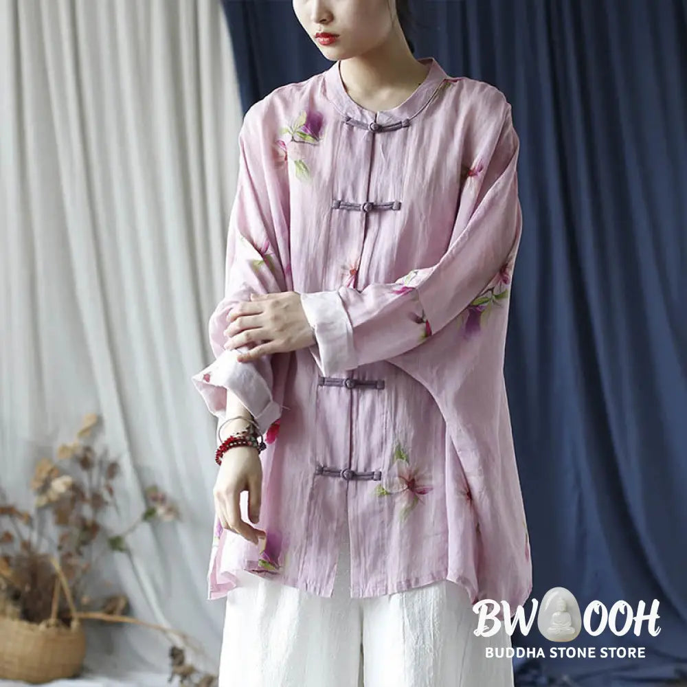 Buddha Stones Pink Flower Print Frog-button Design Batwing Long Sleeve Ramie Linen Jacket Shirt - Women’s Shirts