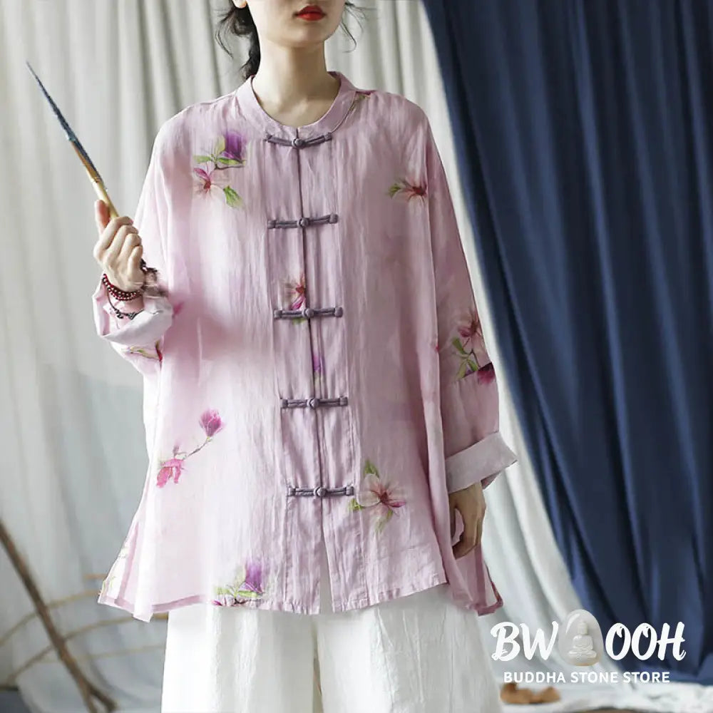 Buddha Stones Pink Flower Print Frog-button Design Batwing Long Sleeve Ramie Linen Jacket Shirt - Women’s Shirts