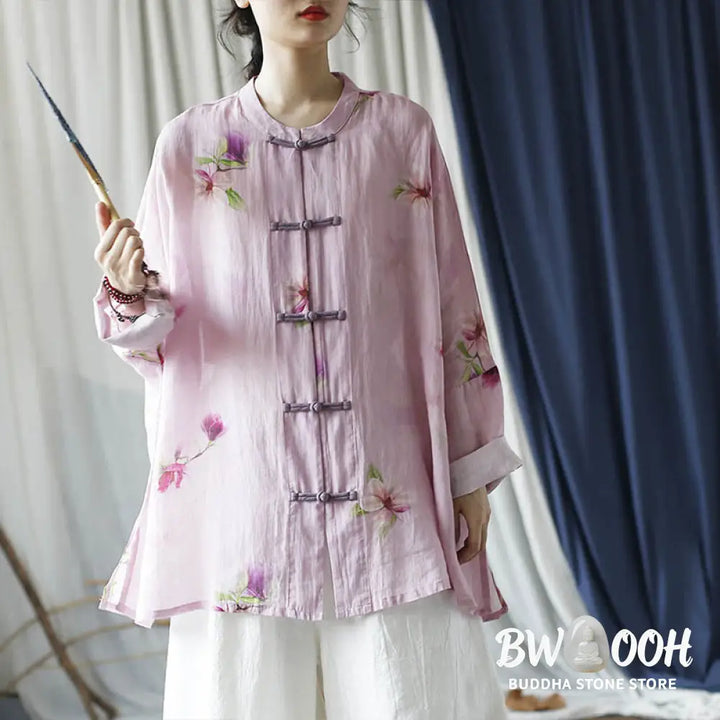 Buddha Stones Pink Flower Print Frog-button Design Batwing Long Sleeve Ramie Linen Jacket Shirt - Women’s Shirts
