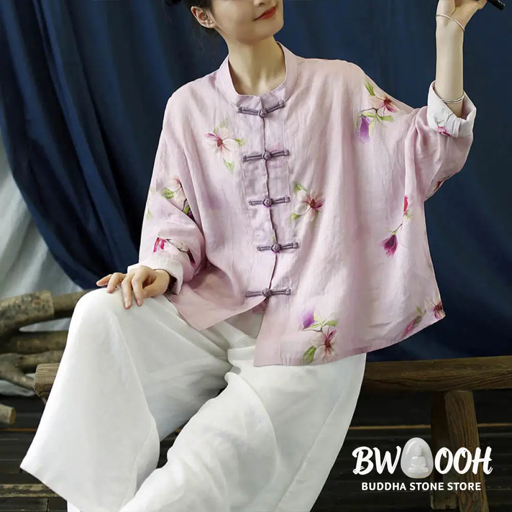Buddha Stones Pink Flower Print Frog-button Design Batwing Long Sleeve Ramie Linen Jacket Shirt - Women’s Shirts