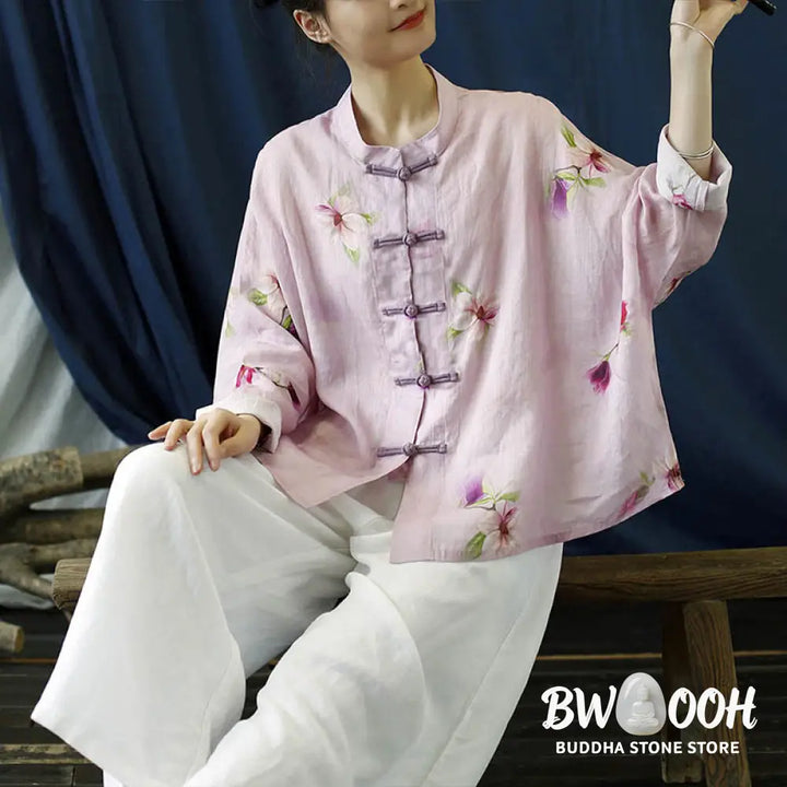 Buddha Stones Pink Flower Print Frog-button Design Batwing Long Sleeve Ramie Linen Jacket Shirt - Women’s Shirts