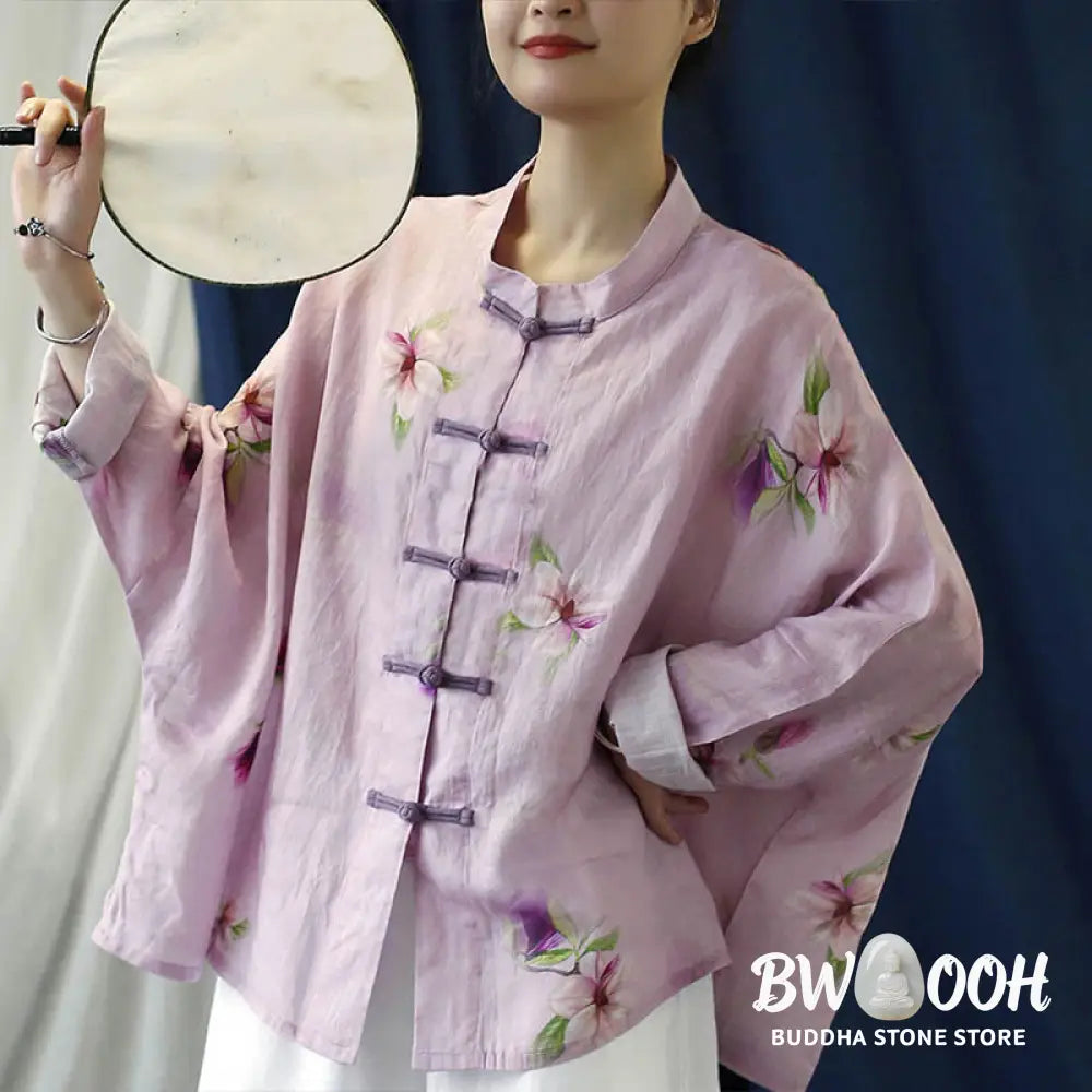Buddha Stones Pink Flower Print Frog-button Design Batwing Long Sleeve Ramie Linen Jacket Shirt - Women’s Shirts