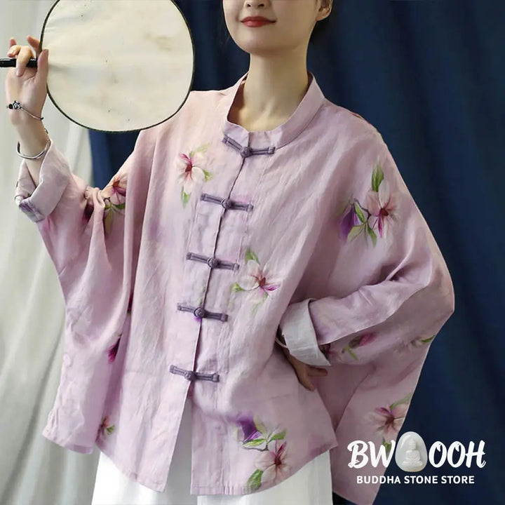 Buddha Stones Pink Flower Print Frog-button Design Batwing Long Sleeve Ramie Linen Jacket Shirt - Women’s Shirts