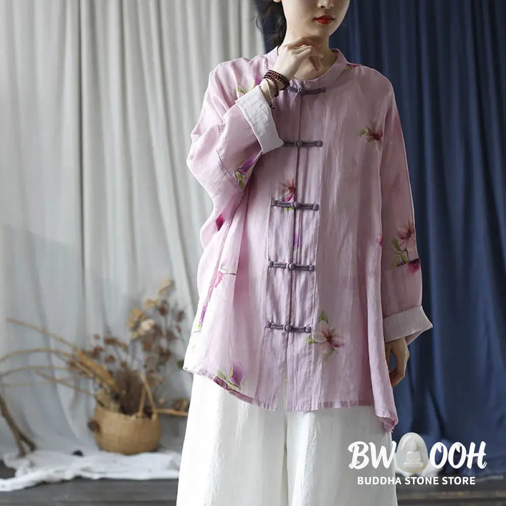 Buddha Stones Pink Flower Print Frog-button Design Batwing Long Sleeve Ramie Linen Jacket Shirt - Women’s Shirts
