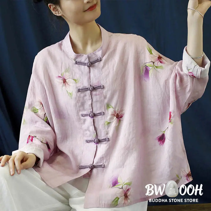 Buddha Stones Pink Flower Print Frog-button Design Batwing Long Sleeve Ramie Linen Jacket Shirt - Women’s Shirts