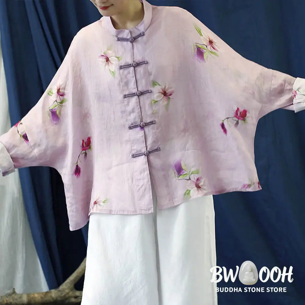 Buddha Stones Pink Flower Print Frog-button Design Batwing Long Sleeve Ramie Linen Jacket Shirt - Women’s Shirts