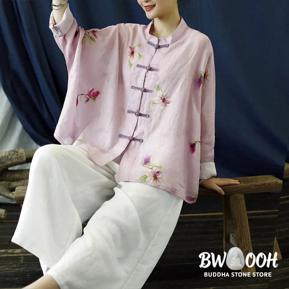 Buddha Stones Pink Flower Print Frog-button Design Batwing Long Sleeve Ramie Linen Jacket Shirt - Women’s Shirts
