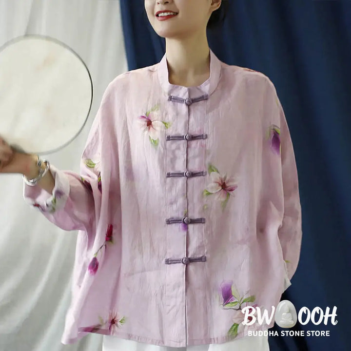 Buddha Stones Pink Flower Print Frog-button Design Batwing Long Sleeve Ramie Linen Jacket Shirt - Women’s Shirts
